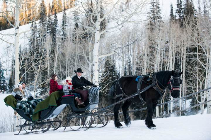 a man riding a horse drawn carriage with people in the snow